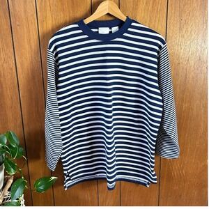 Vintage Laura Gayle Navy Blue White Striped Ribbed Knit Top Crew Neck Nautical
